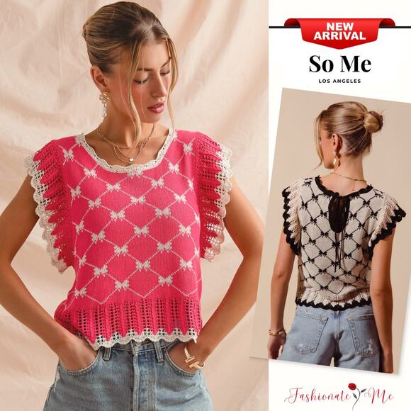 So Me Bow Ribbon Pattern Back Key Hole Round Neck Cap Sleeves Sweater | Fuchsia - Picture 1 of 6